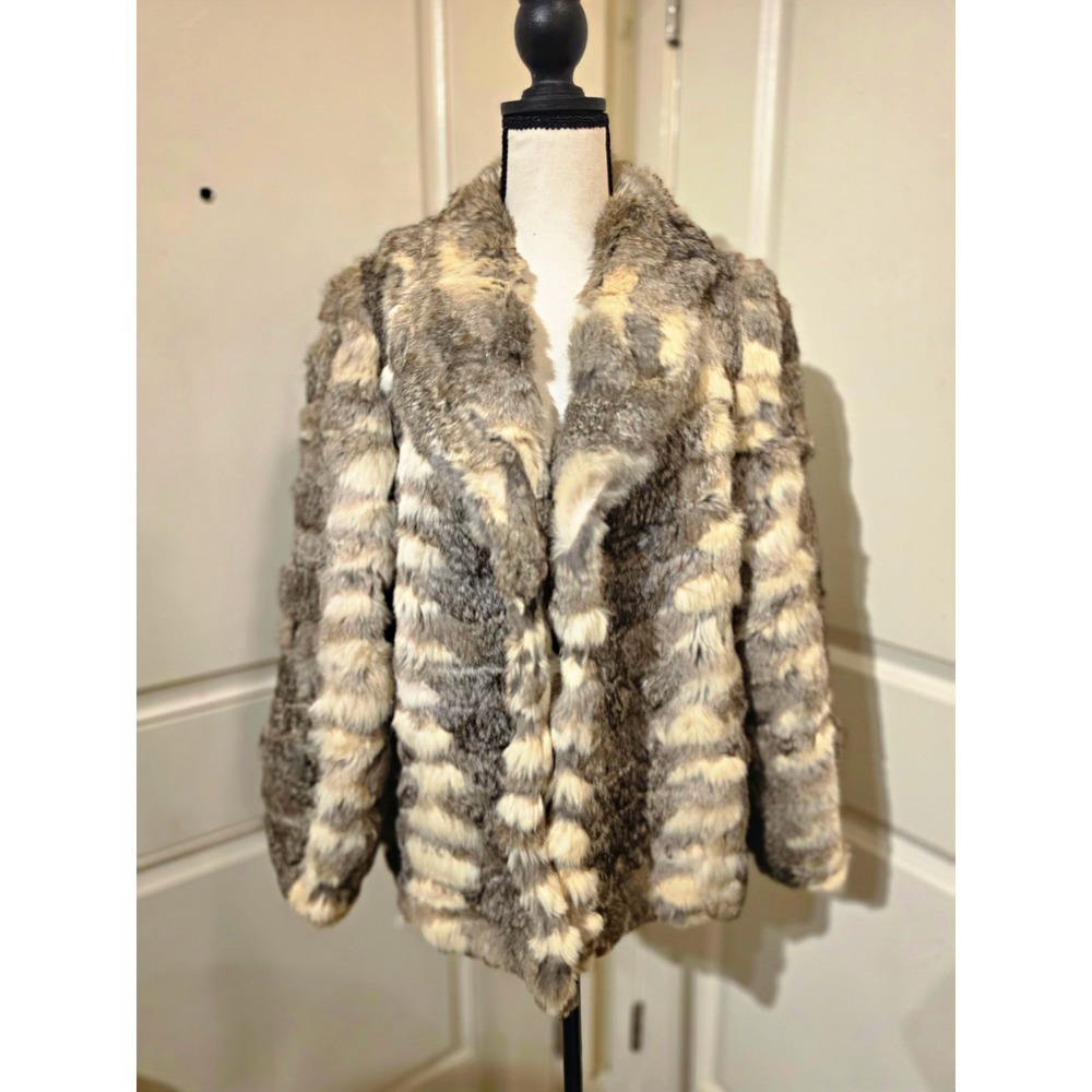Vtg 70s Niki Rabbit Fur Coat Jacket L Frosted Chinchilla Striped 1970s mob wife